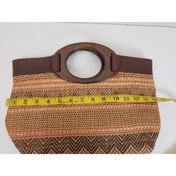 Vintage Y2K Fossil Brown Woven Straw Wooden Round Handles Satchel Purse Bag Boho - Picture 6 of 8